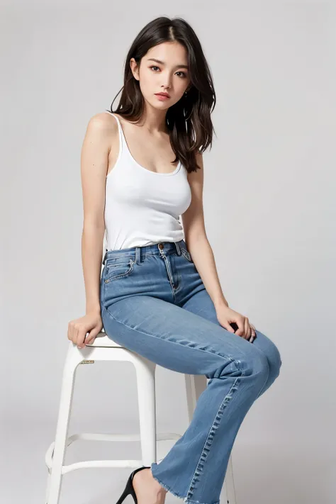 woman, look at viewer, oval face shape, portrait, white sleeveless and blue jeans pant, high heel, white background, simple background, sit on a white chair, full body shot, fashion, photo

