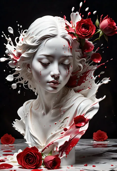 (best picture quality，4K,8k，HD，masterpiece:1.2)，Super detailed，(lifelike，lifelike，lifelike:1.37)。splash ink，paint splattered （3D portrait sculpture，Pure white sculpture，marble sculpture，shattered，red tears，close eyes，Looked up），（Still life table setting，Da...