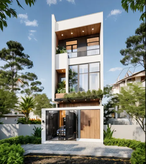 townhouse in city, daylight,warm light, (sharp focus) front view of townhouse in style of modern, vietnamese architecture ,mutua...