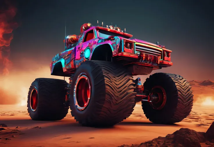 monster truck,  (vibrant colours: 1.2), desert background, Dramatic fire and smoke, intricate details, black and red colors, (masterpiece:1.2)