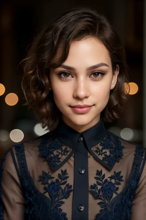 breathtaking cinematic photo of a 30 year old girl with brown hair and brown eyes, smile with your mouth closed, beautiful lips,...