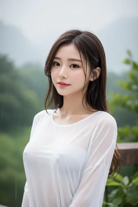 Wet white t-shirt、medium breasts、valley、A beautiful woman with a sense of transparency、cute、upper body up、angle from below、Rain in the background