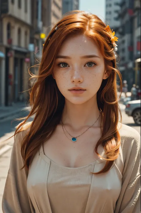 Realistic photography, Close-up of beautiful woman with freckles and , head-shot , 25 years old, focused on the eyes, 50mm f1.4, ginger hair in the wind, Human Development Report Masterpiece,dramatic lighting, epic, Internet clothing, flower on hair, Xiaox...