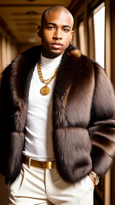 strong,No hair,Highly detailed original color professional full body shot of a young African American billionaire，Wearing a fur coat，Teeth with gold crowns，Wear smart business attire, He stepped off the private plane, eyes on camera,signet ring, gold chain...