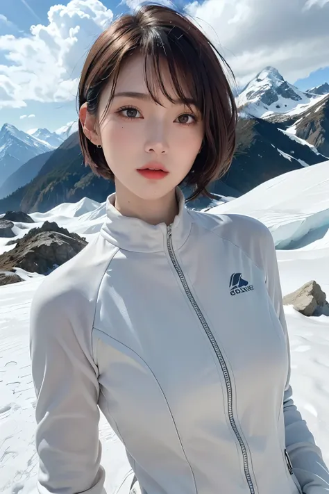 highest quality、masterpiece、ultra high resolution、(real:1.4)、Beautiful woman１、Beautiful details of eyes and skin、light brown short cut hair、The perfect spacesuit、glacier、snow、Cloudy skies、