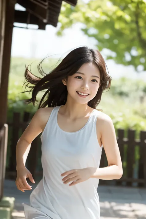 (best quality, masterpiece:1.2), 1 Japanese woman、run around、innocent smiles、camisole、Fluttering hair