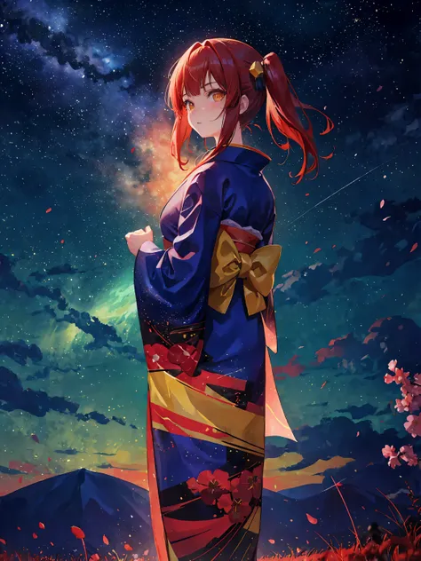 1 chica, distant girl wearing a kimono staring at the estrellas, chica de pelo rojo completo, coletas y pelo liso con flequillo, pelo medio, ojos amarillos, 13yo girl (alejado:1.1), (lluvia de meteoros:1.2), (cometa:1.1), Su nombre, low angle, from behind,...