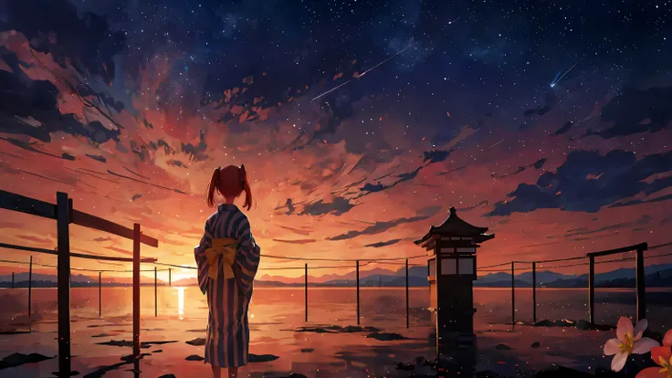 1 chica, distant girl wearing a kimono staring at the estrellas, chica de pelo rojo completo, coletas y pelo liso con flequillo, pelo medio, ojos amarillos, 13yo girl (alejado:1.1), (lluvia de meteoros:1.2), (cometa:1.1), Su nombre, low angle, from behind,...