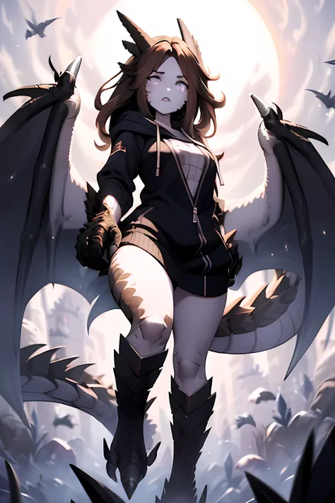 Weredragon Woman, under the moon, ash brown hair, medium length wavy ash brown hair, glowing pale lavender dragon eyes, white scales covering her entire body, medium chest, focus on face, white iridescent scales on face and neck and legs, white scaled and ...