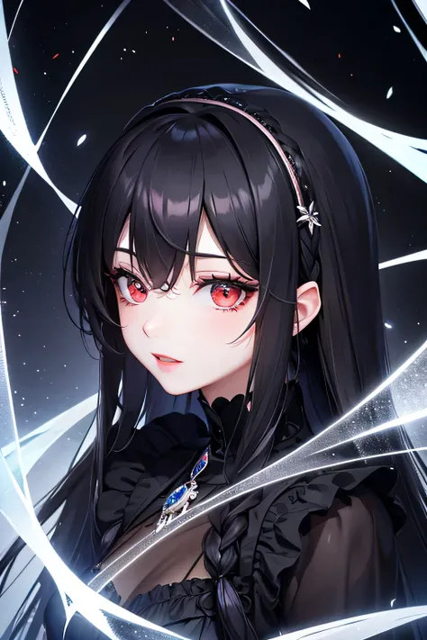 1 girl,Depps Sense,confused,catch light,Super beautiful illustration,Ice fragments,(black color,long hairstyles:1.3),dark dark eyeshadow,bright red lipstick,Gothic Lolita,;d,beautiful and delicate hair,delicate and detailed red eyes,blue shining light effe...