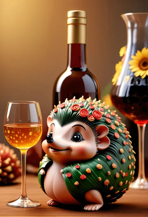 in style of Folk art,（一只可爱of小刺猬蜷缩在酒瓶里），（醉酒of表情：1.35），beauty of details，（Exaggeration of big wine bottle：0.65），（Colored hair or back tattoos，）（穿着嘻哈风格of睡衣，戴着夸张of睡帽，）（Apply the mask to your face：0.8），（Large soft and colorful cushions，）There are many snacks an...