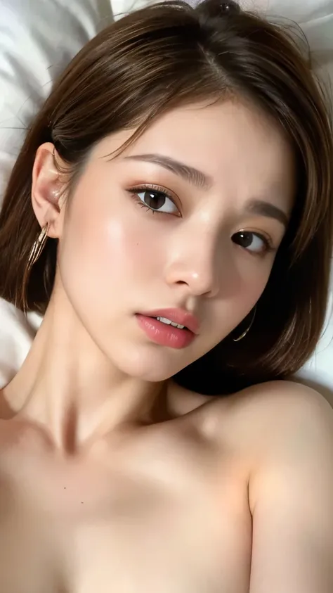 ((Best quality, 8K, Masterpiece: 1.3)), 1girll, Slim abs beauty: 1.3, ( casual cute hairstyle: 1.2), : 1.1, stress face and angry, detail eyes, Double eyelids, with earring, bedroom, concert make up, ((small breast fully nude, cute breast)), (laying down a...