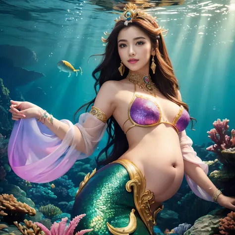 (highest quality、table top、8K、best image quality、hyper realism)、(Little mermaid in the most luxurious and majestic costume:1.1)、(Luxurious transparent sleeve:1.1)、(Mermaid goddess swimming in the beautiful rocky area of the deep sea.:1.2)、(Extremely comple...