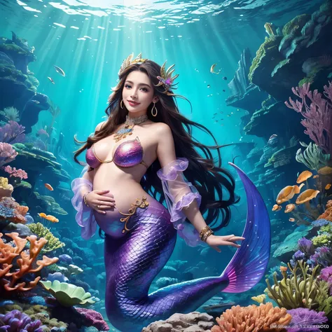 (highest quality、table top、8K、best image quality、hyper realism)、(Little mermaid in the most luxurious and majestic costume:1.1)、(Luxurious transparent sleeve:1.1)、(Mermaid goddess swimming in the beautiful rocky area of the deep sea.:1.2)、(Extremely comple...