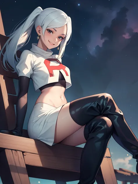 robin fe ,earrings, glossy lips ,team rocket uniform, red letter r, white skirt,white crop top,black thigh-high boots, black elb...