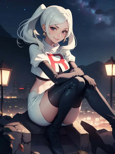 robin fe ,earrings, glossy lips ,team rocket uniform, red letter R, white skirt,white crop top,black thigh-high boots, black elbow gloves, evil smile,  sitting down ,legs crossed, night sky background