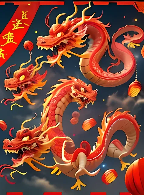 festive，chinese dragon，red，swirling in the festive atmosphere，fireworks bloom brilliantly，the sound of firecrackers，the crowd ar...