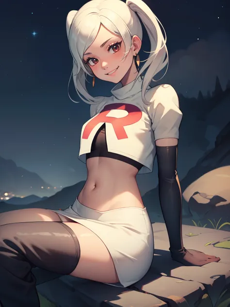 robin fe ,earrings, glossy lips ,team rocket uniform, red letter R, white skirt,white crop top,black thigh-high boots, black elbow gloves, evil smile,  sitting down ,legs crossed, night sky background