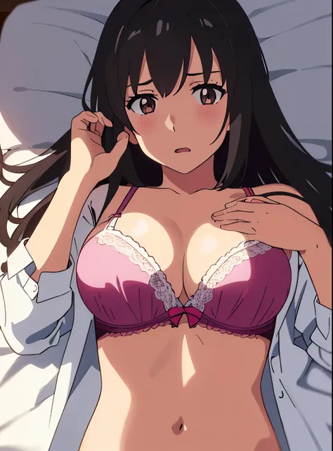 shinkai makoto, kimi no na wa., 1girl, bangs, black hair, brown eyes, worried eyes, open mouth, twisted half up, red ribbon, long hair, white long sleeve, collared shirt, open shirt, unbuttoned shirt, off shoulders, breast, medium breast, pink bra, upper b...