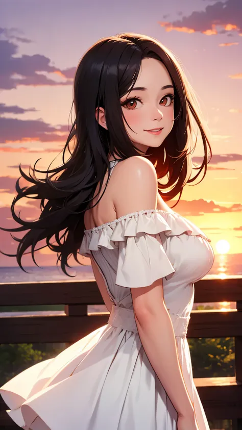 nar_red_sunset,smile，portrait，sunny，off the shoulder dress，big breasts