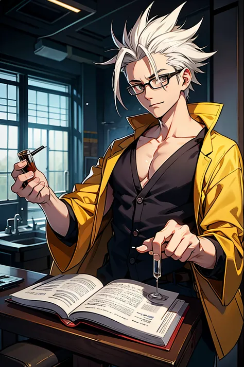 Senku is typically portrayed with spiky black hair, glasses, and a lab coat. His appearance reflects his intellectual and scientific nature.