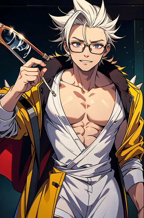 Senku is typically portrayed with spiky black hair, glasses, and a lab coat. His appearance reflects his intellectual and scientific nature.