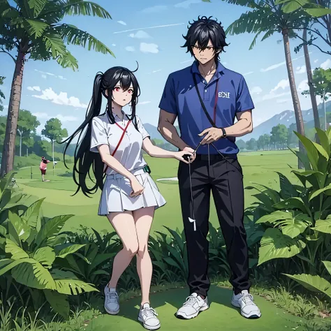 a man together with a woman (eye red) in casual clothes playing golf on a golf course
