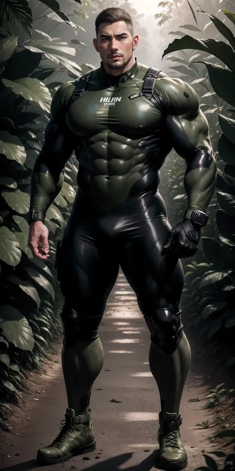 High, huge, muscular man with his mouth open and screaming.，Khaki camouflage uniform，character idea（Resident Evil - chris redfield，chris redfield）buzz clip，Wearing a khaki camouflage wetsuit，Matte texture，regular symmetrical texture pattern，Standing in the...