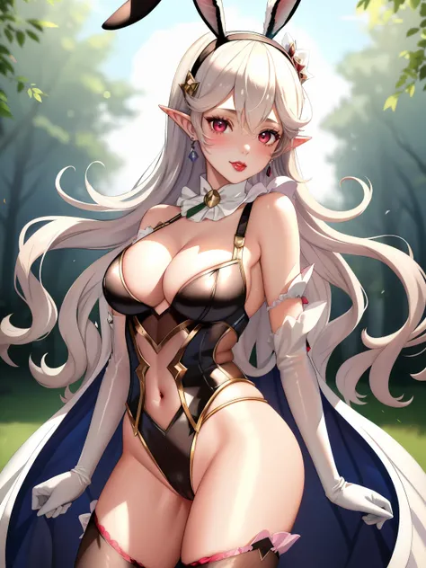 1girl, defCorrin, black hairband, pointy ears, red eyes ,lipstick, blue eye shadow, solo, perfect breasts, earrings glossy lips ,looking at viewer, blush, large breasts, nature, pond, trees, park, long white elbow satin gloves, holding, animal ears, cleava...