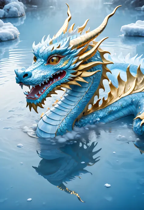 Surrealist photography, top view, oriental mythology,freezing,An icy blue Chinese dragon hovers in sparkling light blue water, Its long eyelashes and golden dragon horns, Sparkling dragon scales, fluffy texture, extremely clear shallow water, Surrounded by...