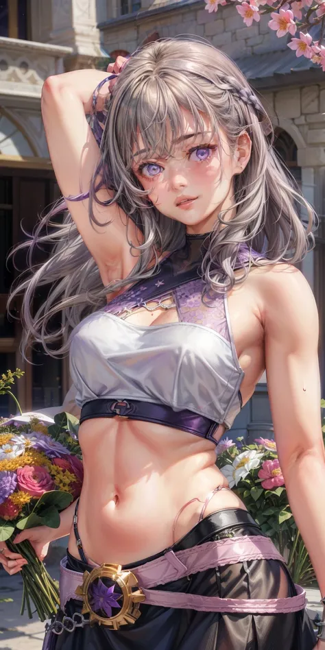 realistic, 1 girl, gray hair, purple eyes, shining eyes, crop top, skirt, parted lips, blush, night, flowers, sun, sunlight,