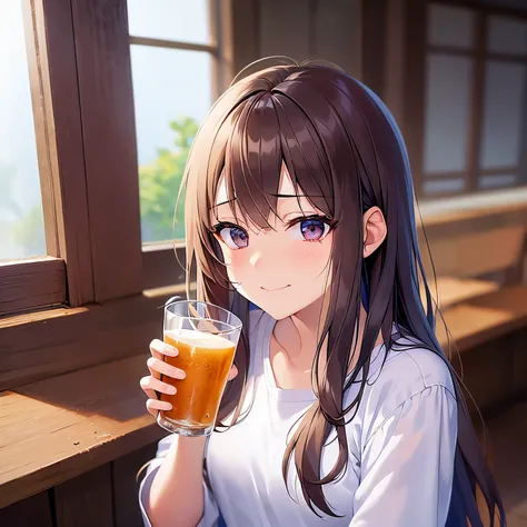 looking down, Realistic, real person, RAW photo, photorealistic, portrait photography, shiny skin, japanese idol、A 25-year-old woman with medium-long hair with bright chestnut bangs.、holding a beer mug、(wearing a white shirt:1.5)、sitting、(sad smile:1.5), A...