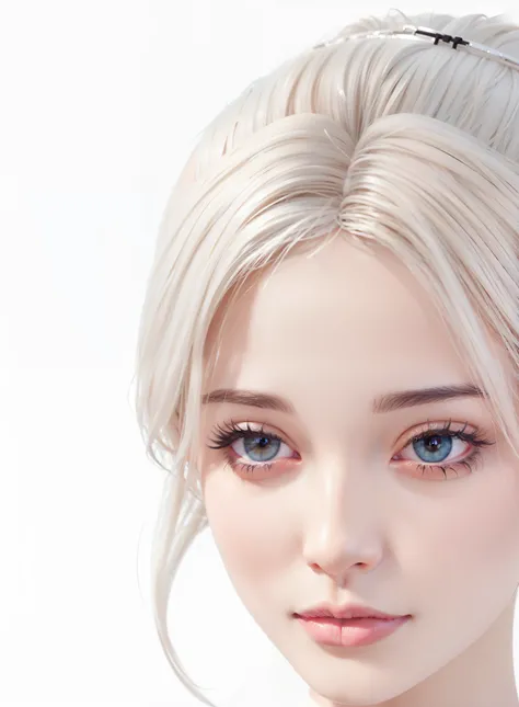 Blonde woman wearing white dress and white top posing for photo, Realistic anime girl rendering, Soft portrait shots 8K, Smooth anime CG art, 3D rendering character art 8k, Realistic anime 3D style, Rendu portrait 8k, realism art style, porcelain white ski...