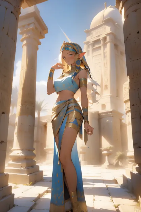 Create an illustration of an ancient Egyptian scene, capturing the mystique and grandeur of this iconic civilization. Depict an elf girl with long, wavy locks, adorned in traditional Egyptian attire, standing amidst the ruins of a grand temple. The intrica...