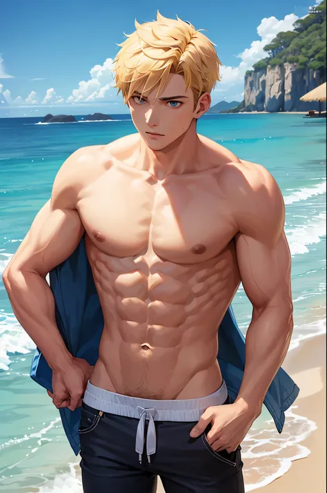 1 guy, young, v shaped torso, wide shoulders, narrow waist, 8 pack abs, tan, spiky blonde hair, short hair, hot, muscular, beach, swim trunks, caucasian,white, cool, cute