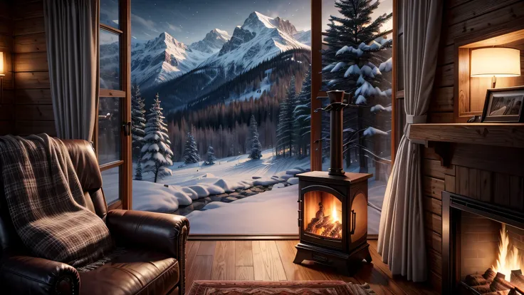 A luxurious cabin in the snowy mountains, cozy fireplace, plaid blankets, and hot cocoa, panoramic windows reveal a winter wonderland, the scene evokes warmth and serenity, 3D rendering