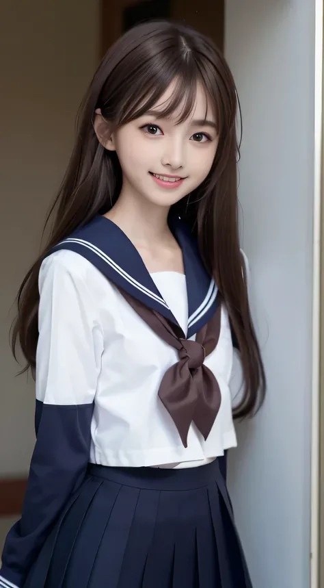 (15 year old girl), (medium breasts), (Japan Schoolgirls), (white teeth), (smile:1.2), (laughter:1.2), (brown hair:1.4), (bright hair), dull bangs, hair behind the ear, shoulder hair, (black eye), (Big eyes:1.2), (long hair), ( slender body shape), (thin f...