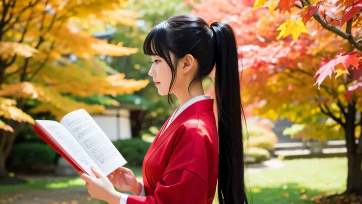 Japanese style beauty with long black hair、ponytail、shrine maiden costume、I look down and read under a tree colored with autumn leaves.、profile、shrine