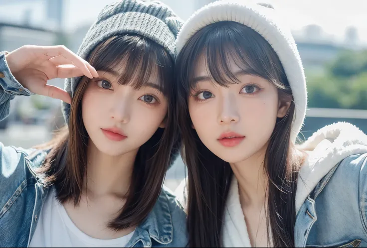 masterpiece、8k、32k、top quality、(delicate eyes)、(A lovely Japanese woman、Bangs)、23 years old、2 girls in、elegant、(Detailed background depiction、Potrat:1.2)、wearing hood、Two young women wearing denim shorts and white shirts posing for a photo, Wear casual clo...