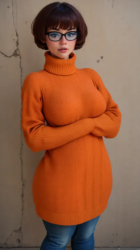 best quality, masterpiece, massive breasts, thicc,  1girl, bangs, brown hair, freckles, glasses, orange sweater, ribbed sweater, short hair, sweater, turtleneck, velma