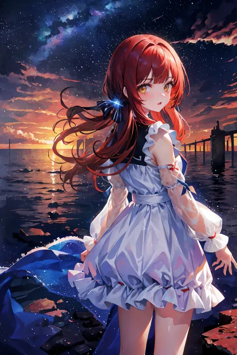 1girl, distant girl wearing a cute dress staring at the stars, full red hair girl, pigtails and straight bangs hair, medium hair, yellow eyes,13-year-old-girl (zoomed out:1.1), (meteor shower:1.2), (comet:1.1), your name, low angle, from behind, aroura bor...