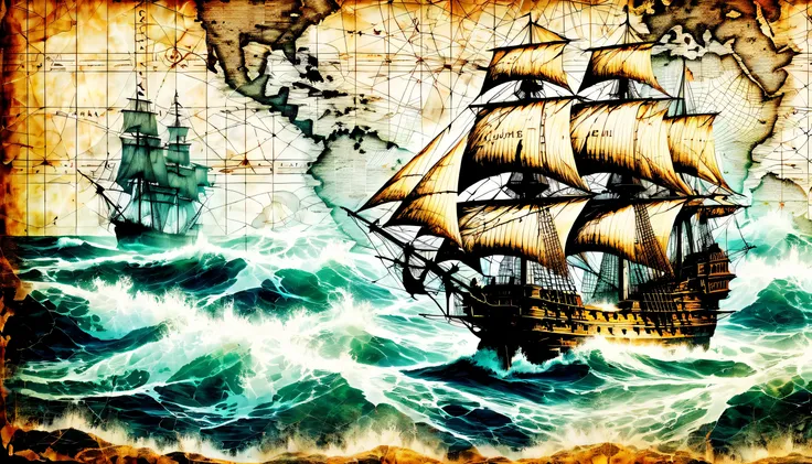 Double exposure on a nautical chart, draw directions on the map, on the map compass, ancient atmosphere paper, Detailed galleon and rough seas background, Intricately detailed digital painting, Beautiful detail shine, high quality, High resolution, Renderi...