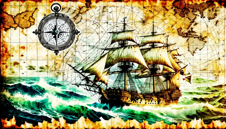 Double exposure on a nautical chart, draw directions on the map, on the map compass, ancient atmosphere paper, Detailed galleon and rough seas background, Intricately detailed digital painting, Beautiful detail shine, high quality, High resolution, Renderi...