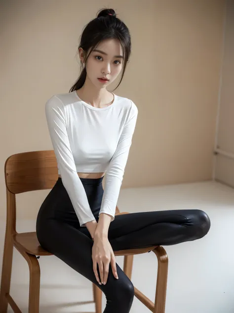 (Photorealistic),(Masterpiece),(ultra-detailed),a shot of very beautiful and tall but so delicate and weak and thin and fragile and slender because she hasn’t eaten for a month,wearing tight high waisted leggings and tight long sleeve top,have absolutely n...