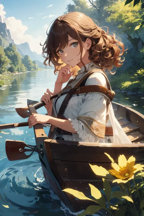 Ultra-realistic 8K CG, masterpiece, best quality, a curly-haired woman, solo, captivating, wavy curls cascading down to her shoulders, facing forward on a quaint wooden boat, oar in hand, gazing at the serene river view, sun-kissed reflection on the water,...