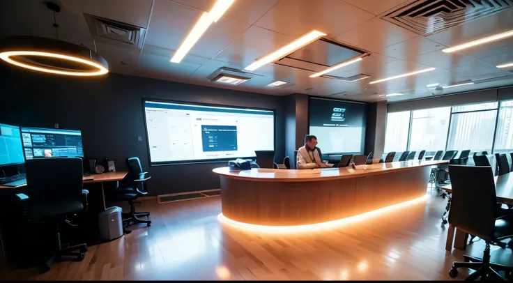 A sense of future technology, Round office, In the middle is a jar containing the nutrient solution of the human body, There are a lot of electronic screens, Cool lighting effects, White sheet metal wall, Futuristic sense of technology, light and shade con...