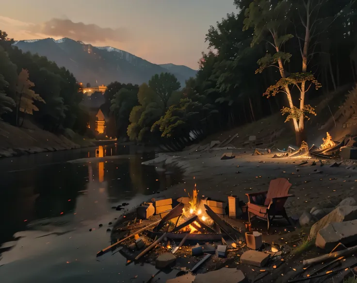 night view of bonfire rising by the river