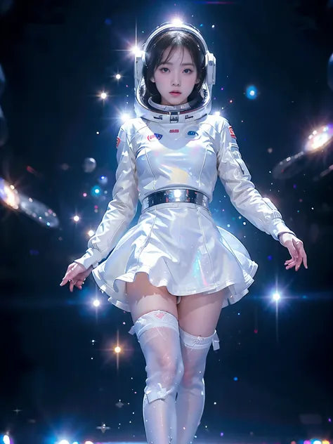 high resolution, ultra-detailed, 1girl, in spacesuit, seen from above, cosmic space, floating, satellite, running pose, Look at the audience, sparkling, space background, meat leg, white stockings, full-body shot, (masterpiece:1.4), 8K