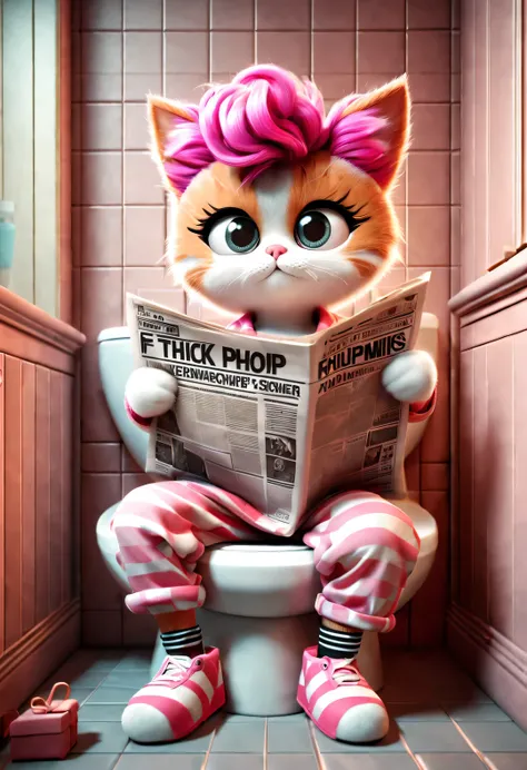 With folk art style,
(A cute kitten sitting on the toilet reading a thick large newspaper), (Wearing eyes), (pink punk hairstyle), (Wear hip-hop style pajamas and exaggerated f pajamas), detailed details, beautiful details,
background: Bathroom 3D renderin...