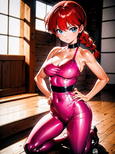 Redhead anime girl wearing pink latex top and black leather pants, 16 anos, corpo bonito, seios grandes,  kneeling on the floor with hands on waist, hands on hip, agachada, red hair with braid, beautiful lighting, olhos azuis, pernas bonitas, hair with bra...